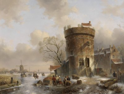 Winter Landscape with Figures on a Frozen River by a Tower by Charles Henri Joseph Leickert